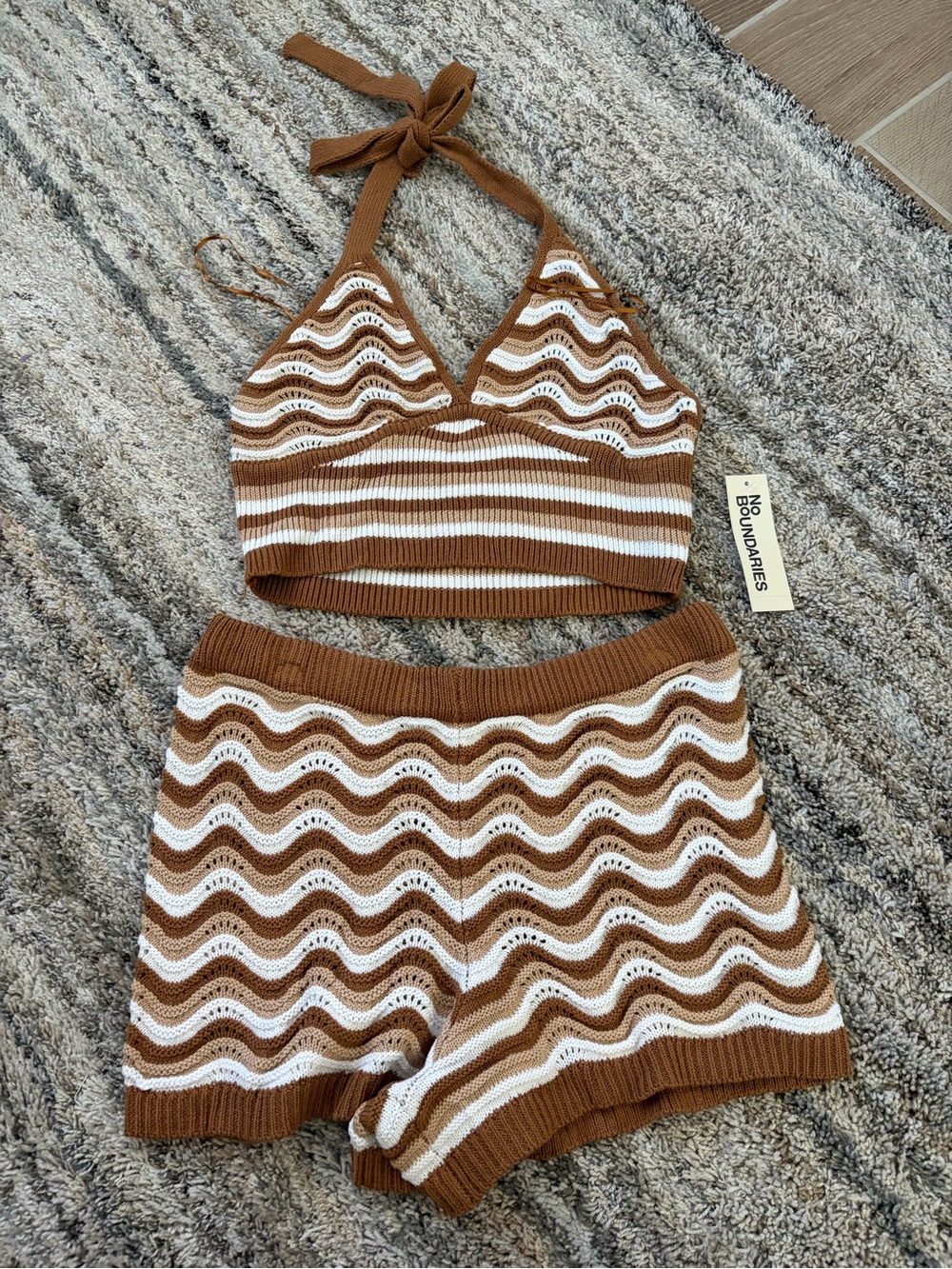 No Boundaries Brown & White Knit Halter Bralette and Shorts Set